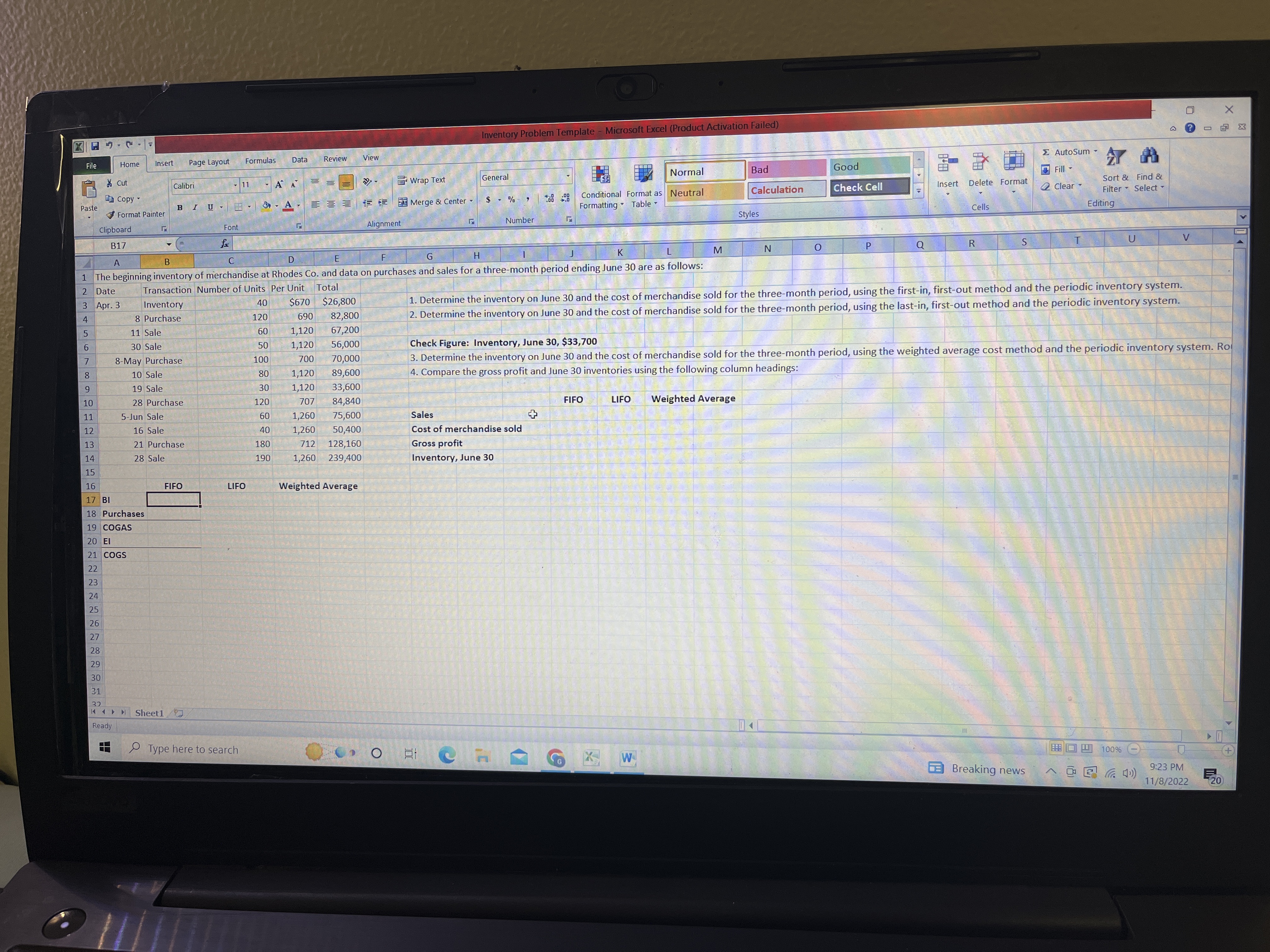 X Inventory Problem Template - Microsoft Excel