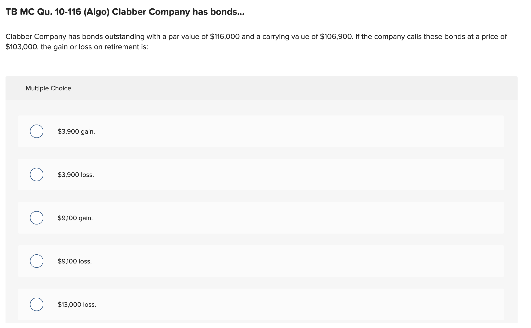 TB MC Qu. 10-116 (Algo) Clabber Company has