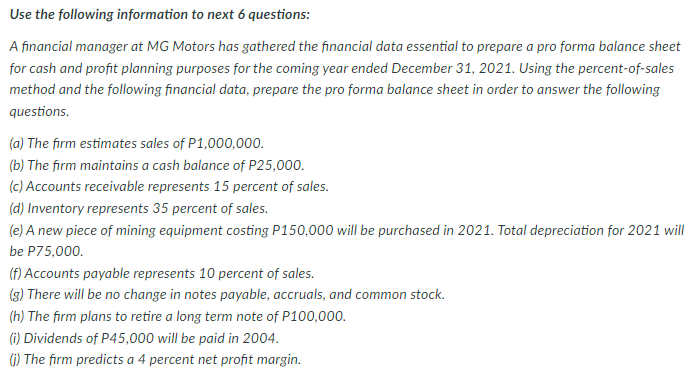 Use the following information to next 6