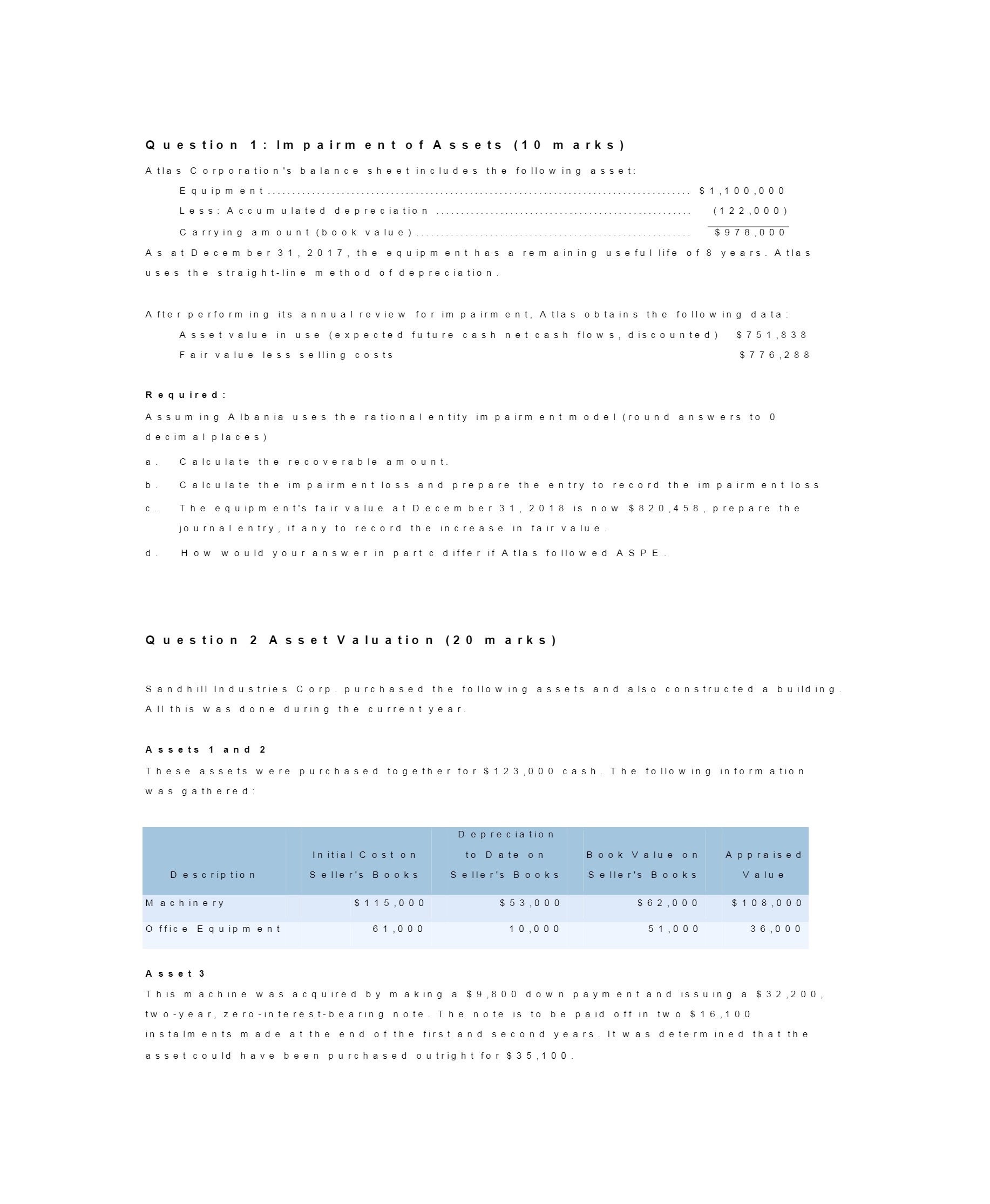 Question 1 : Im pairm ent of Assets (10 marks )