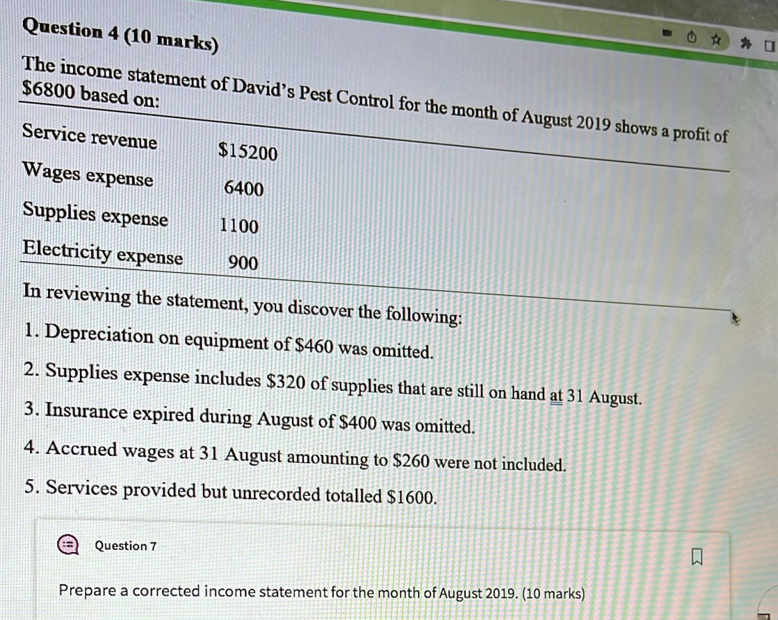 Question 4 (10 marks) $6800 based on: The income