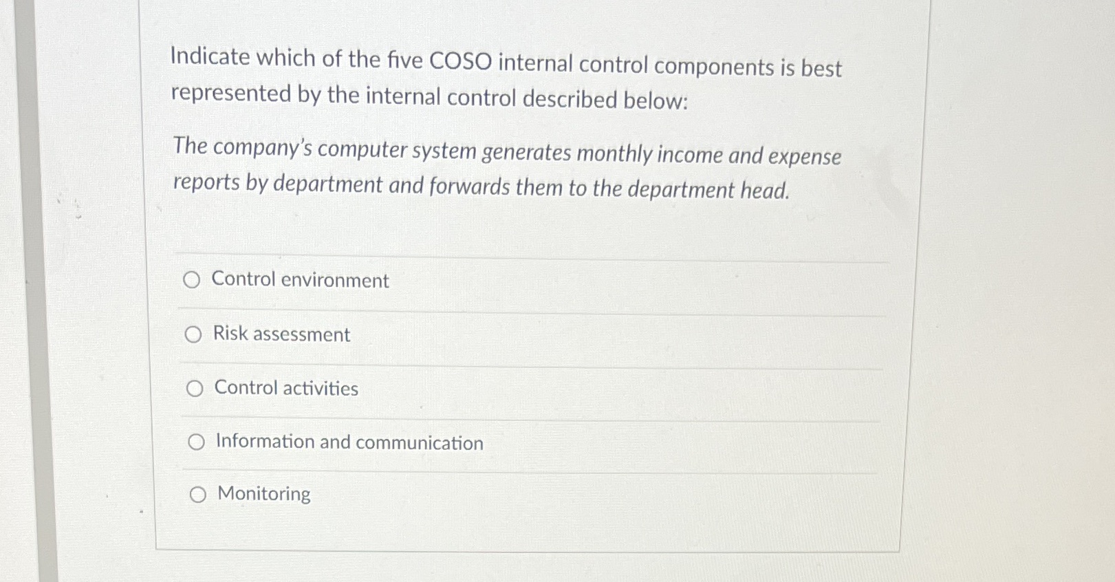 Indicate which of the five COSO internal control