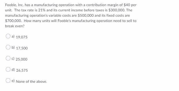 Question Fooble. Inc. has a manufacturing