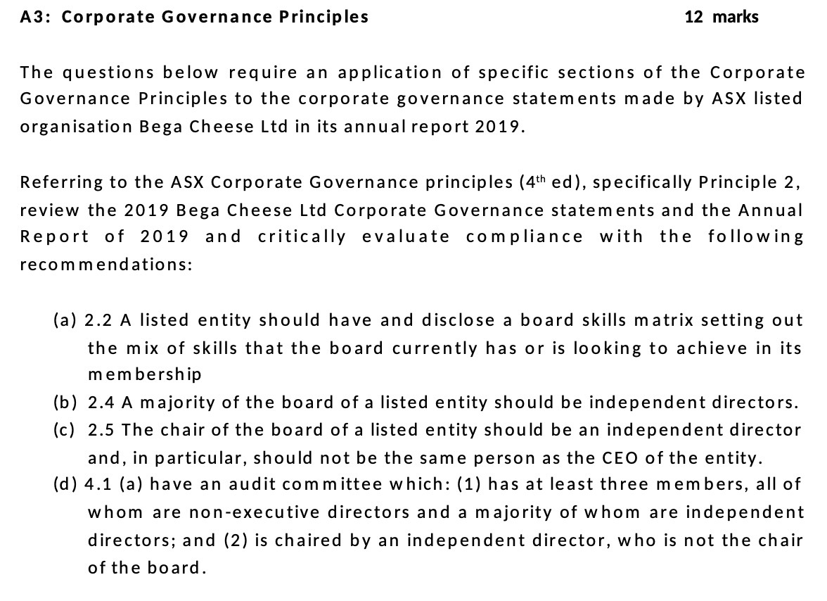 A3: Corporate Governance Principles 12 marks The