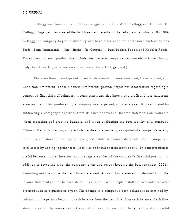 22 JOURNAL Kellogg was founded over 100 years ago