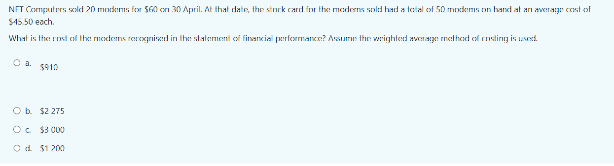 NET Computers sold 20 modems for $60 on 30 April.