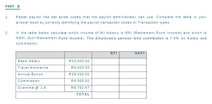 PART B 1. Pastel payroll has set aside codes that