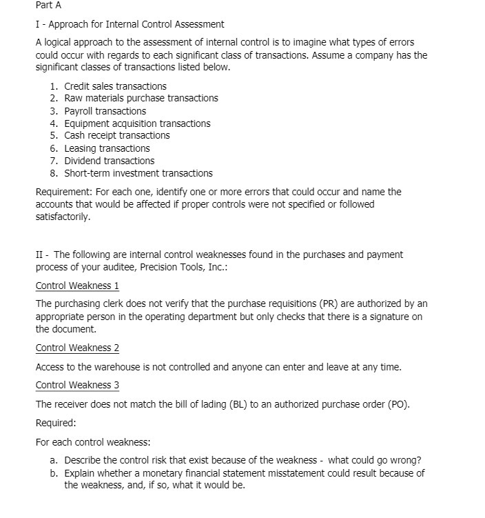 Part A I - Approach for Internal Control