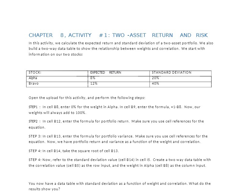 CHAPTER 8, ACTIVITY #1: TWO -ASSET RETURN AND