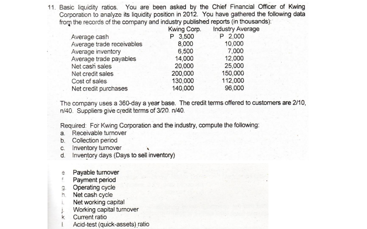 11. Basic liquidity ratios. You are been asked by