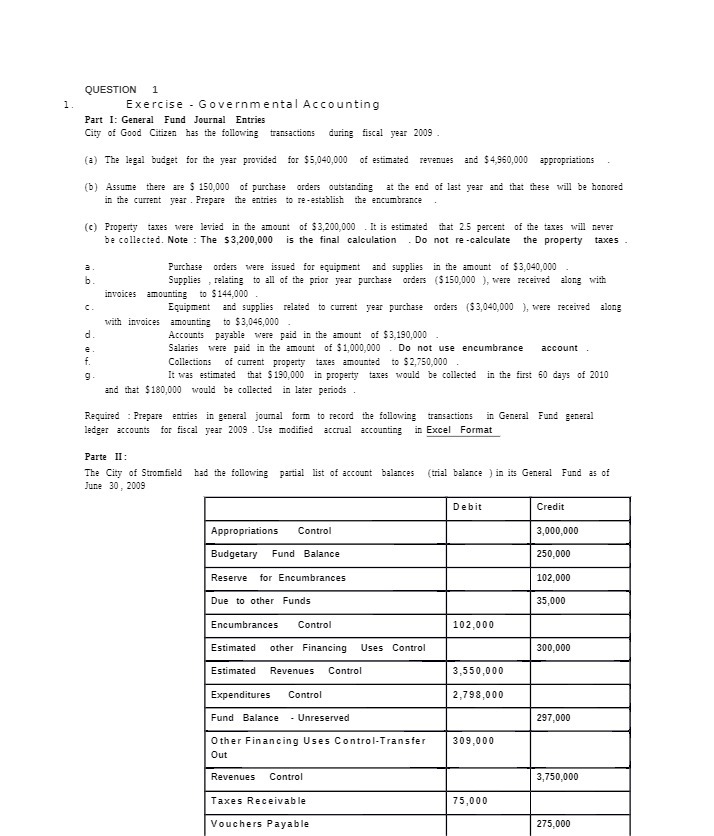 QUESTION 1 1 . Exercise - Governmental Accounting
