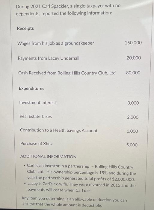 During 2021 Carl Spackler, a single taxpayer with