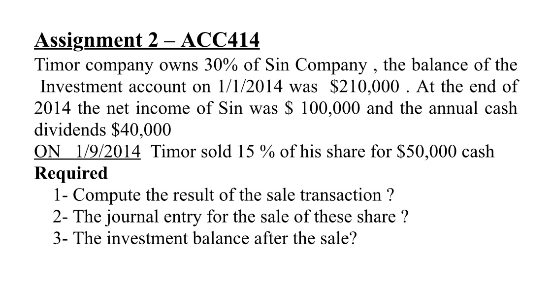 Assignment 2 ACC414 Timor company owns 30% of Sin