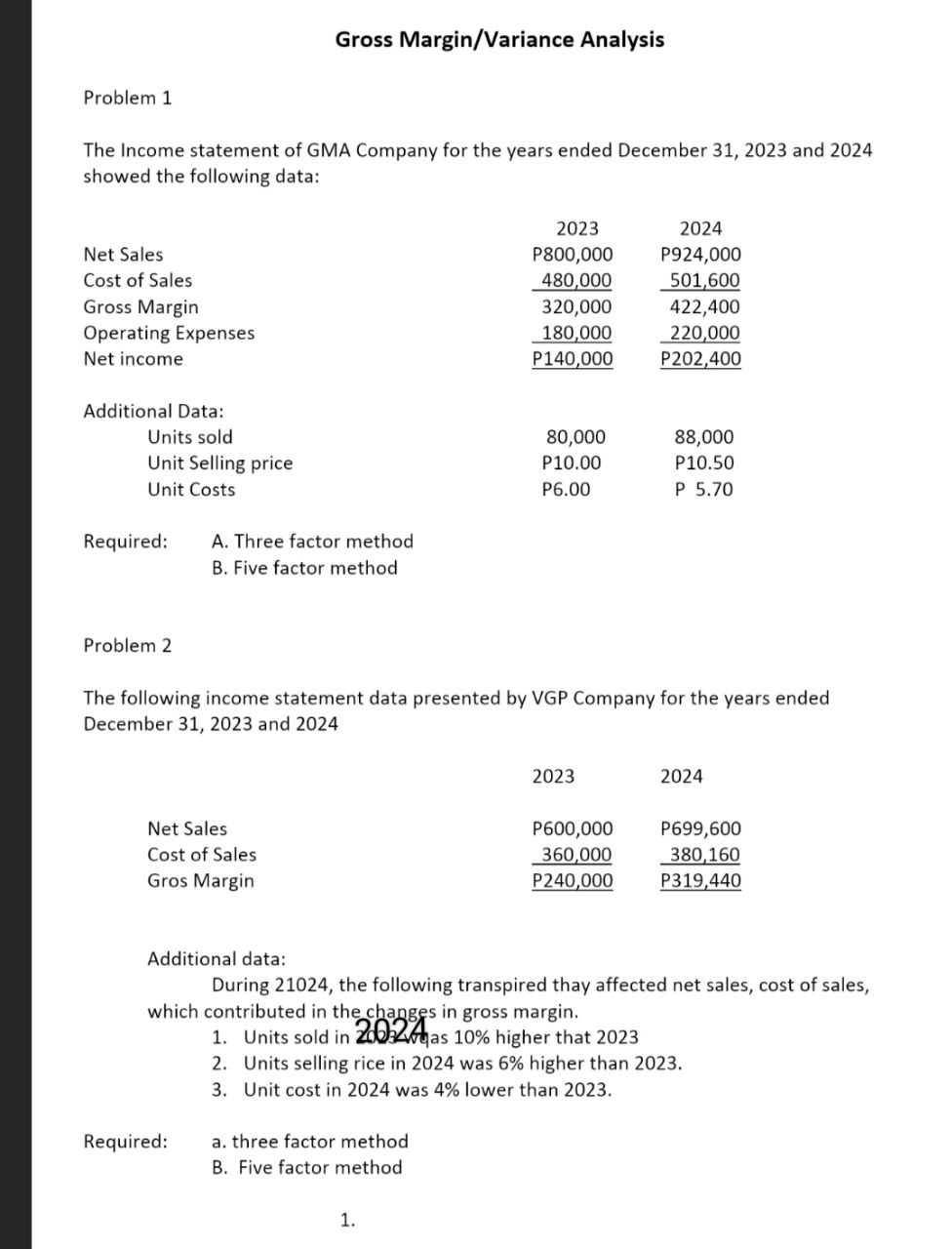 Gross Margin/Variance Analysis Problem 1 The