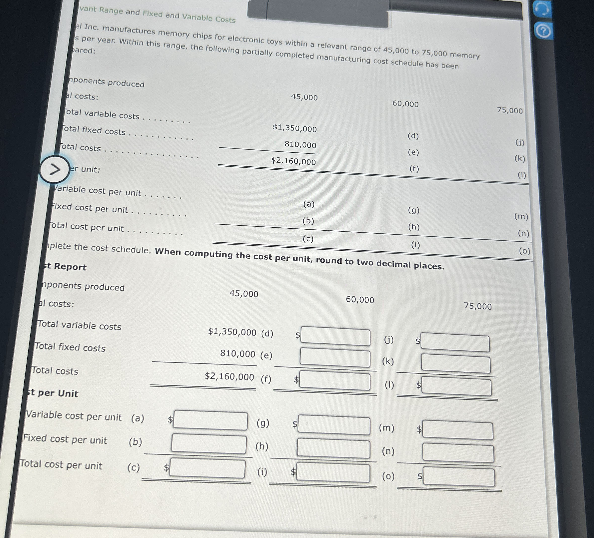 vant Range and Fixed and Variable Costs el Inc.