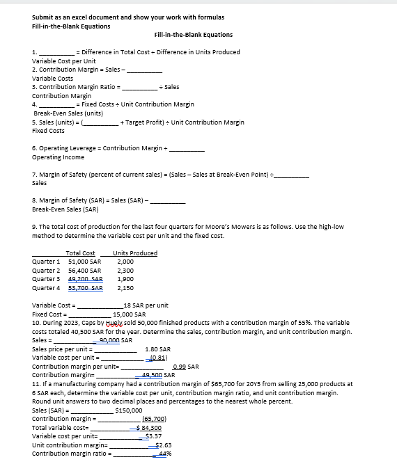 Submit as an excel document and show your work
