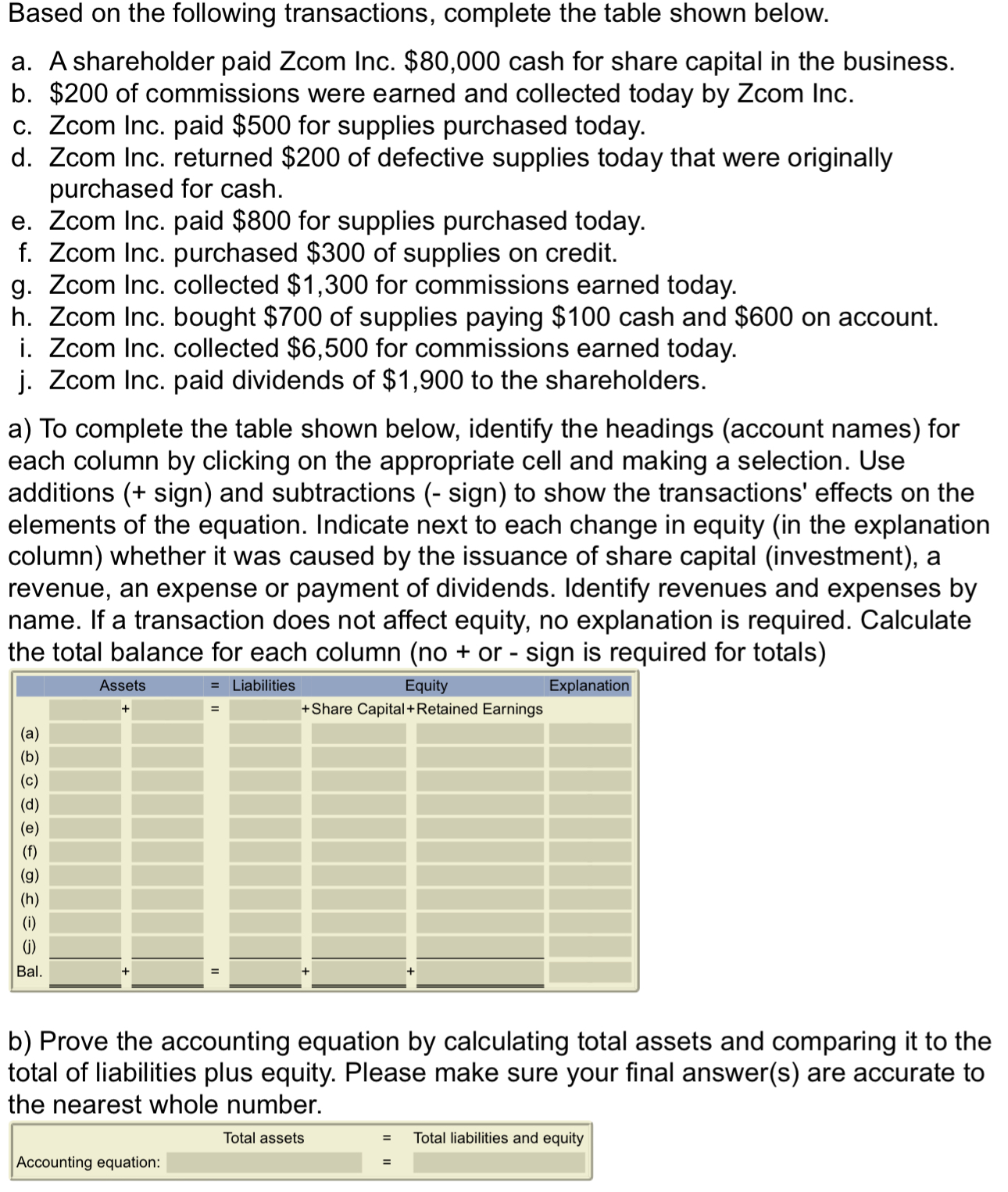 Based on the following transactions, complete the