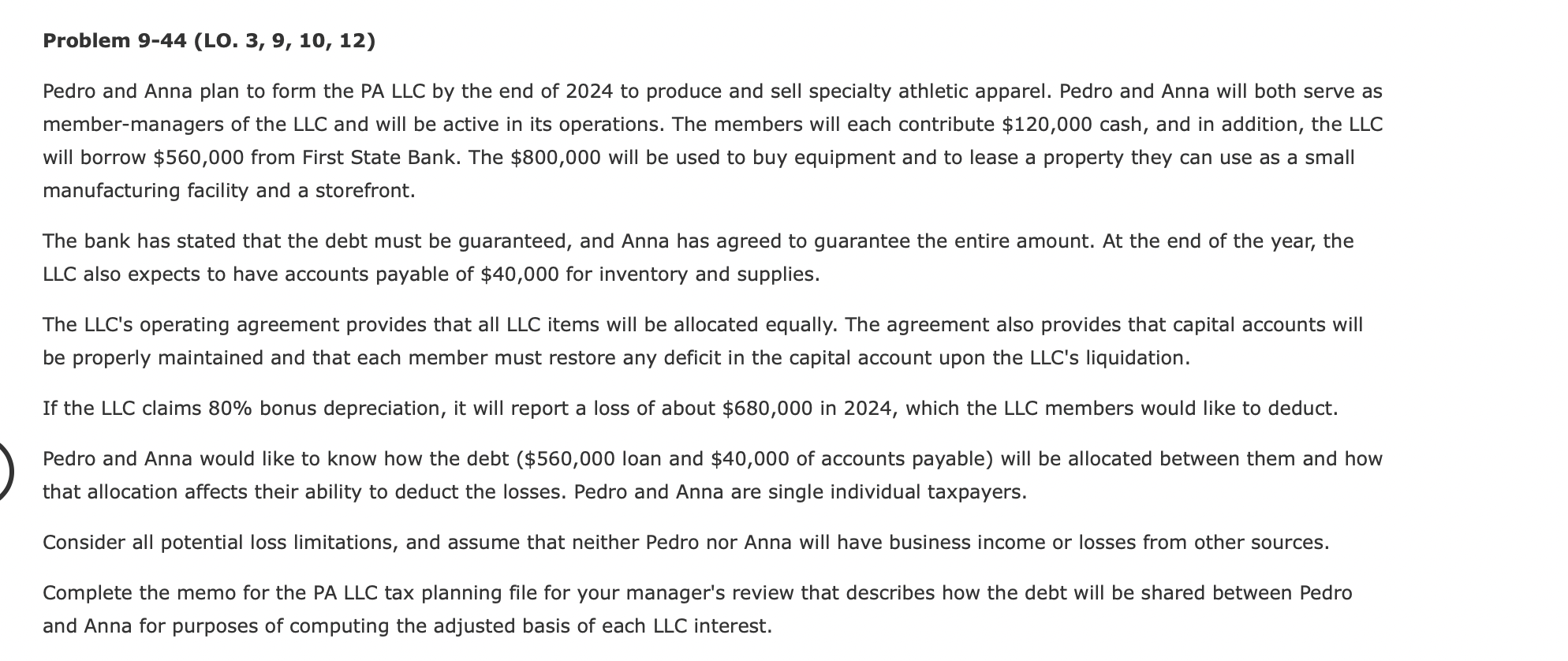 Problem 9 - 4 4 ( LO . 3 , 9 , 1 0 , 1 2 ) Pedro