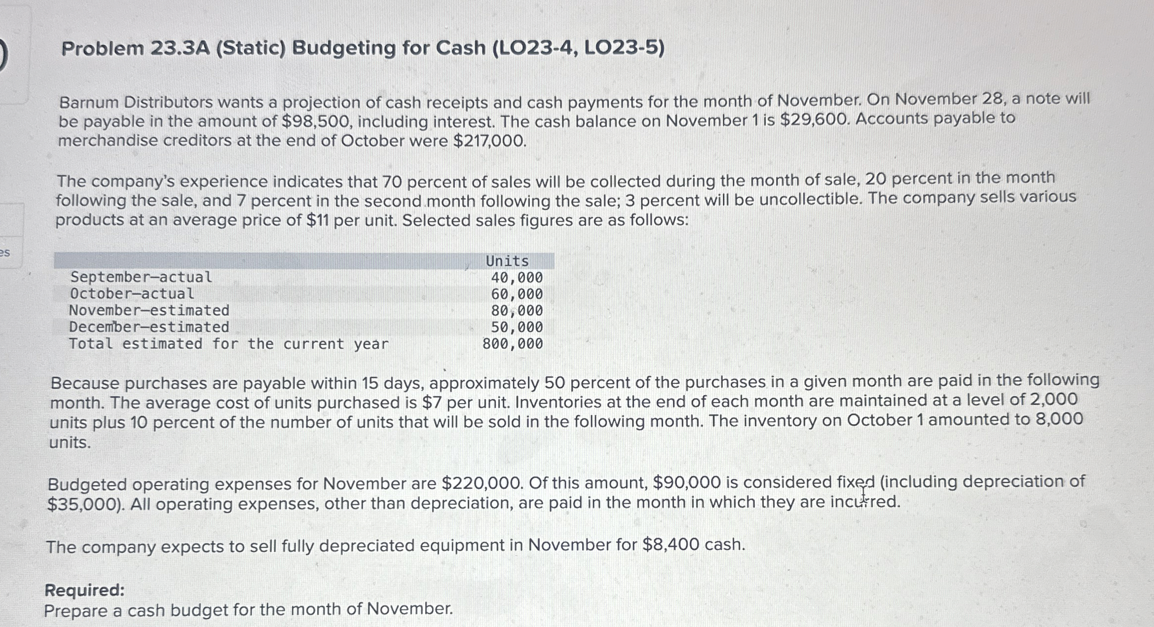 Problem 2 3 . 3 A ( Static ) Budgeting for Cash (