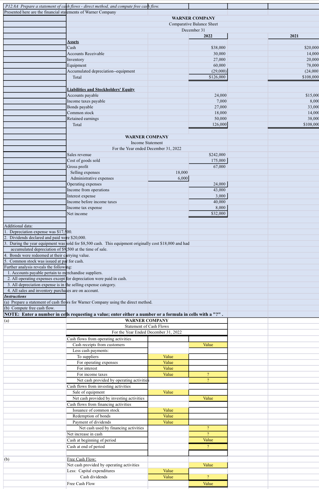 P 1 2 . 8 A Prepare a statement of cash flows -
