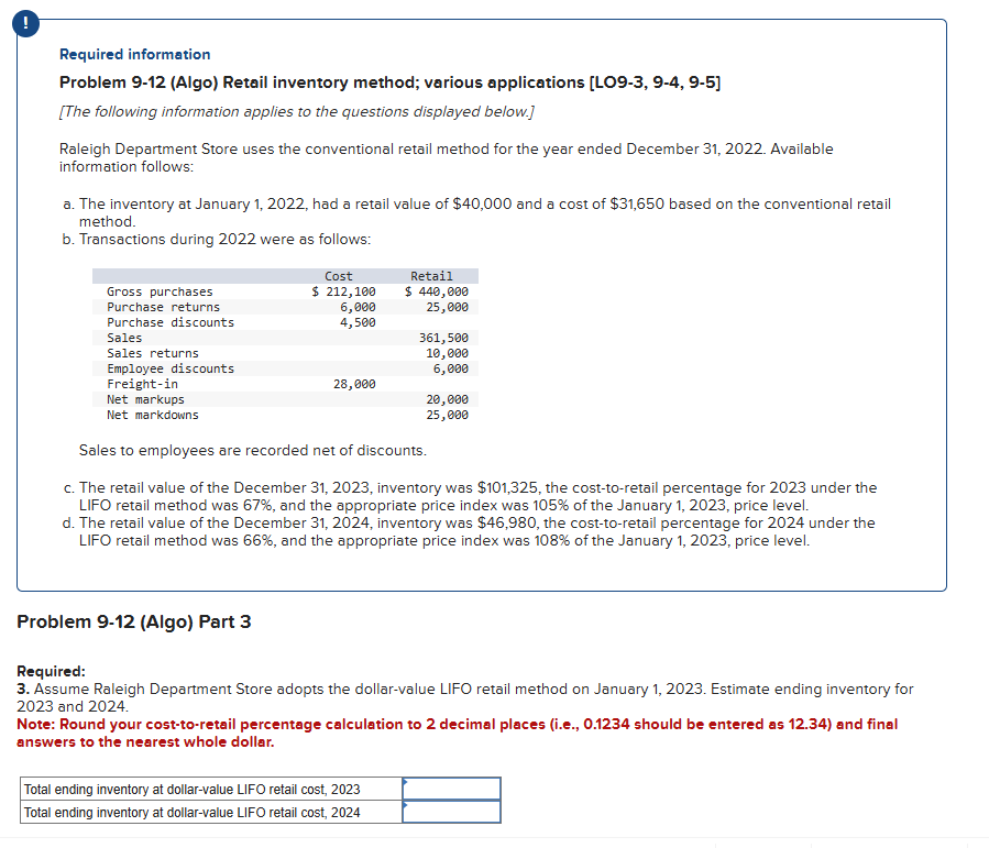 Required information Problem 9 - 1 2 ( Algo )