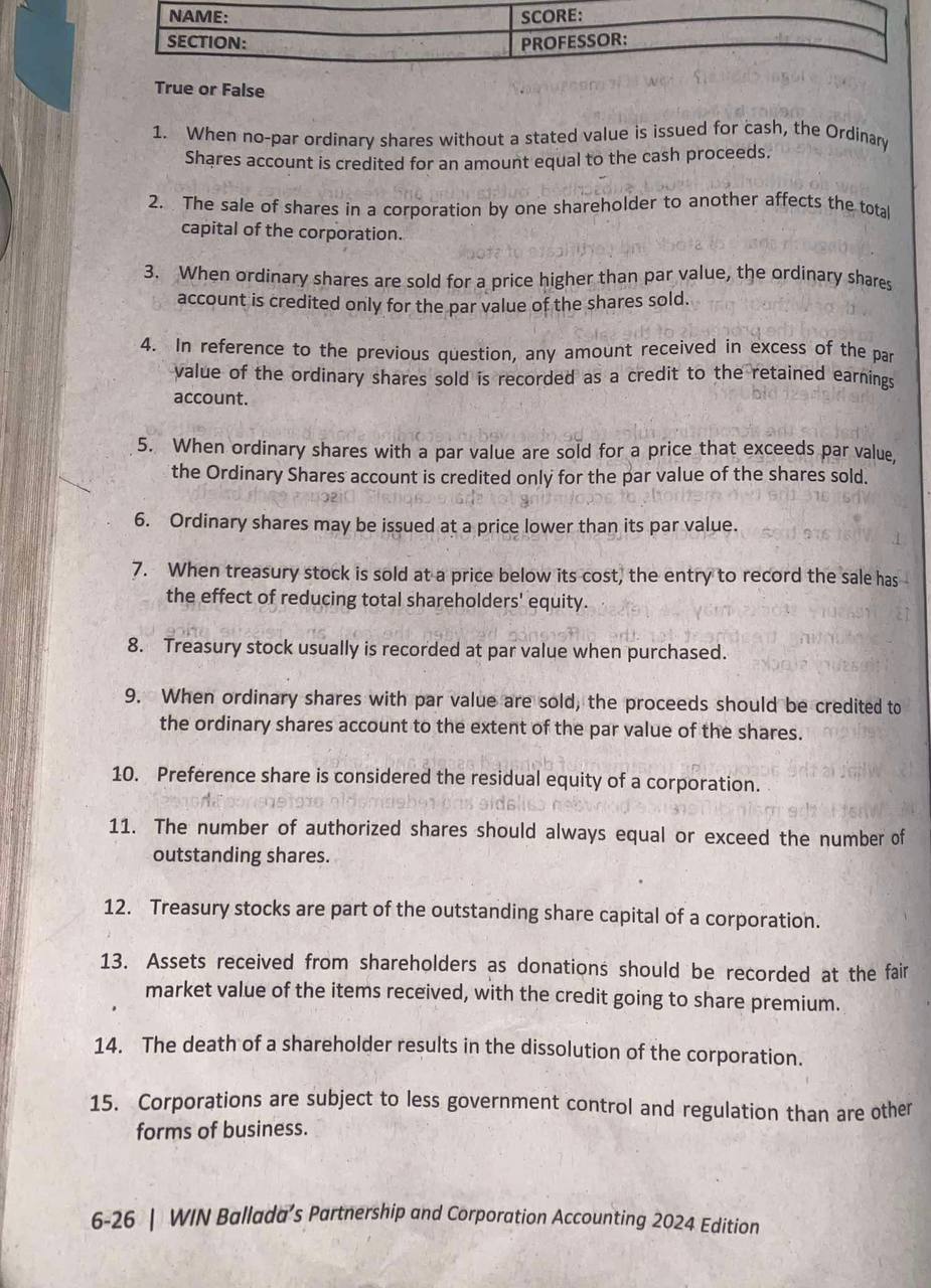 True or False 1 . When no - par ordinary shares