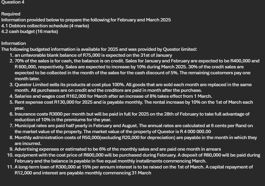 Question 4 Required Information provided below t