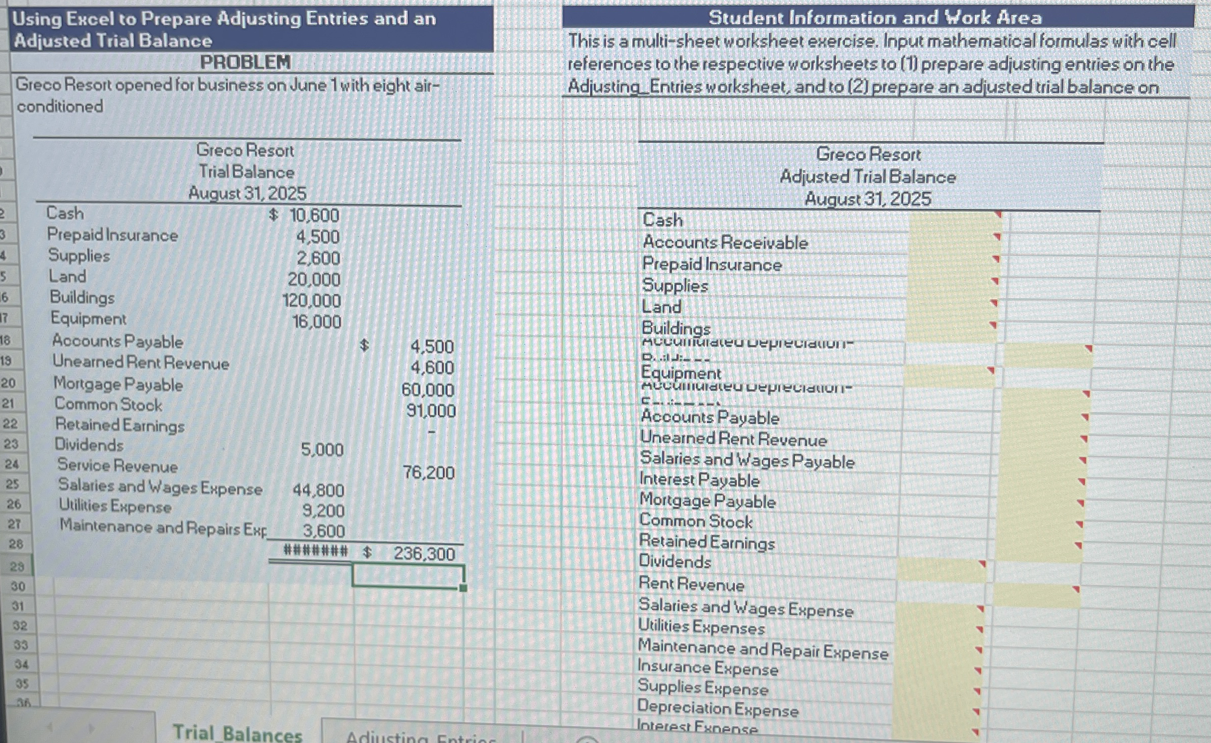 Using Ercel to Prepare Adjusting Entries and an