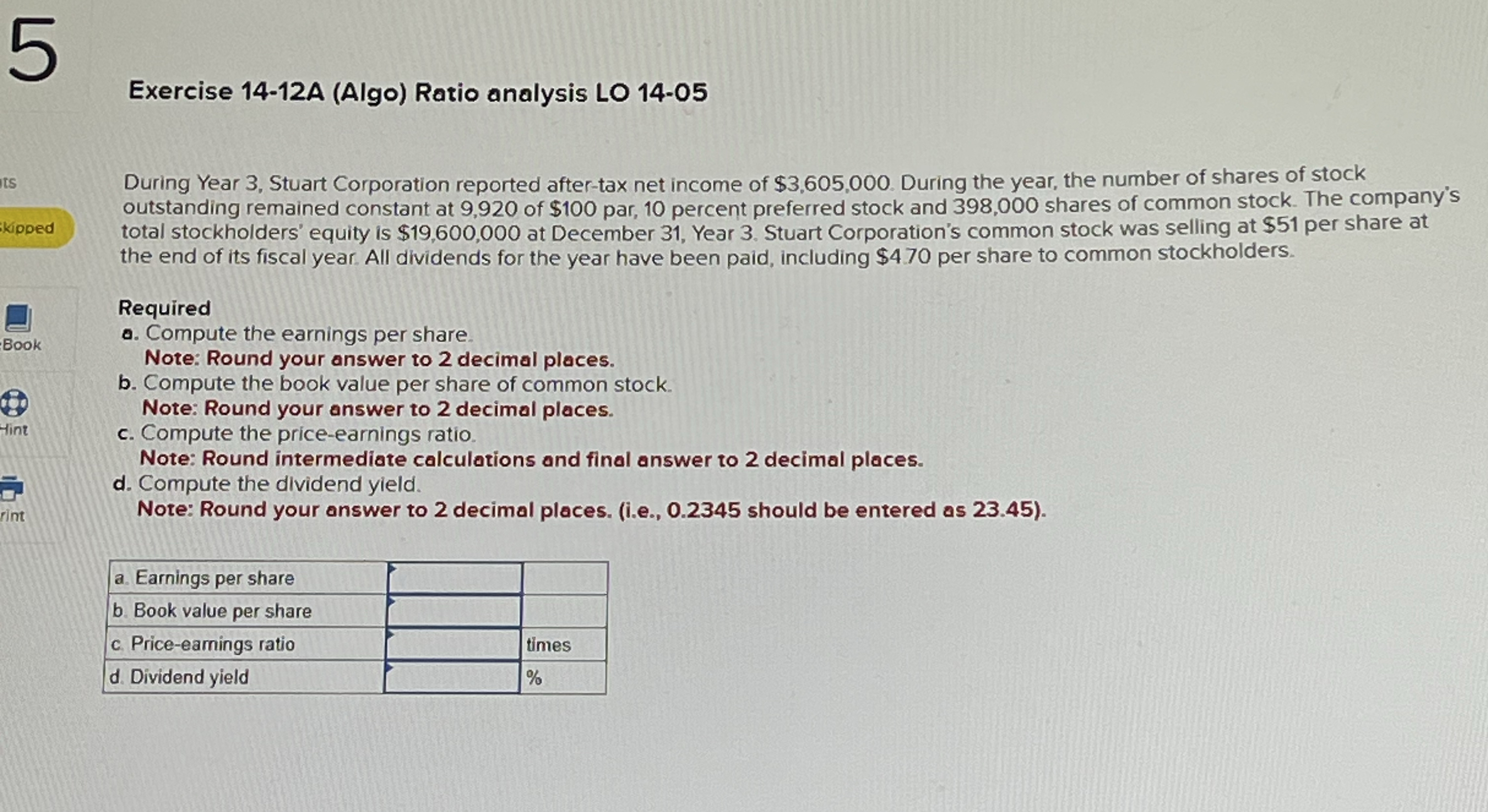 Exercise 1 4 - 1 2 A ( Algo ) Ratio analysis LO 1