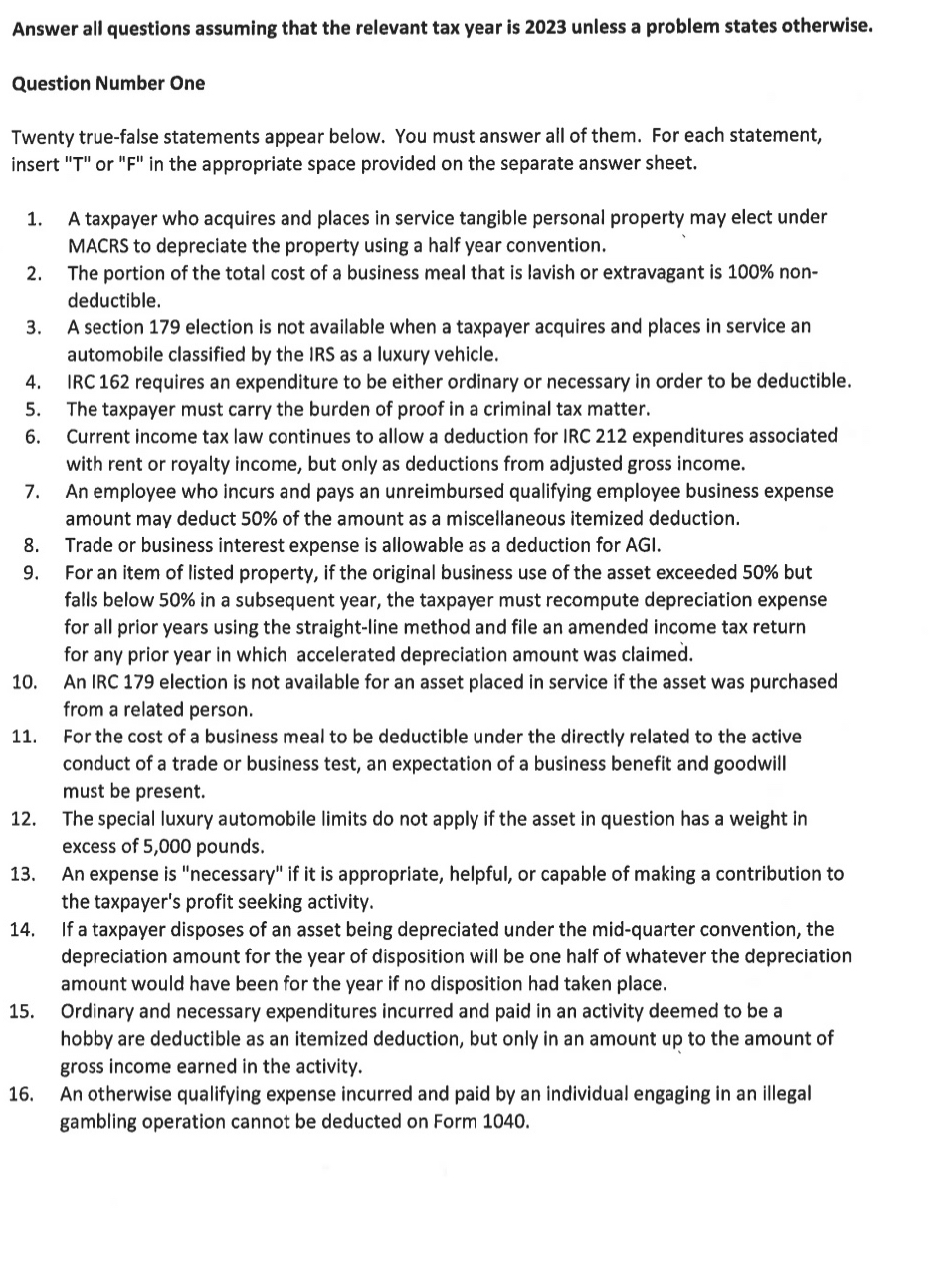 Question Number One Twenty true - false