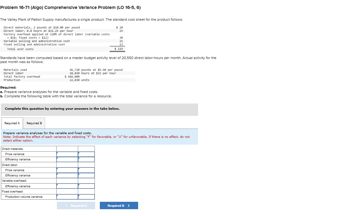 Problem 1 6 - 7 1 ( Algo ) Comprehensive Variance