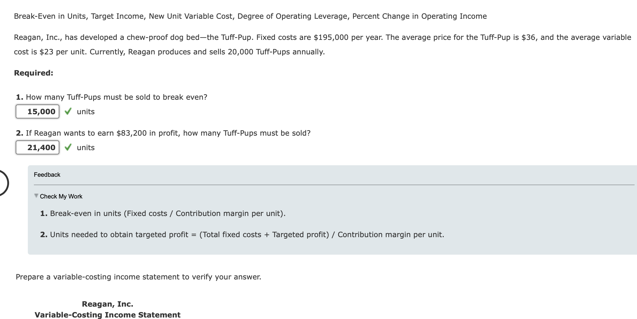 Feedback Check My Work 1 . Break - even in units