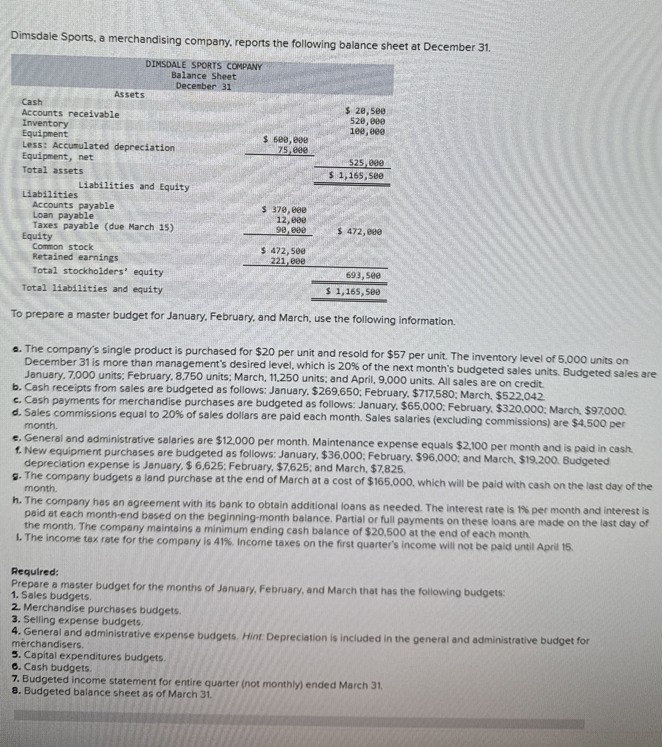 Dimsdale Sports, a merchandising company, reports