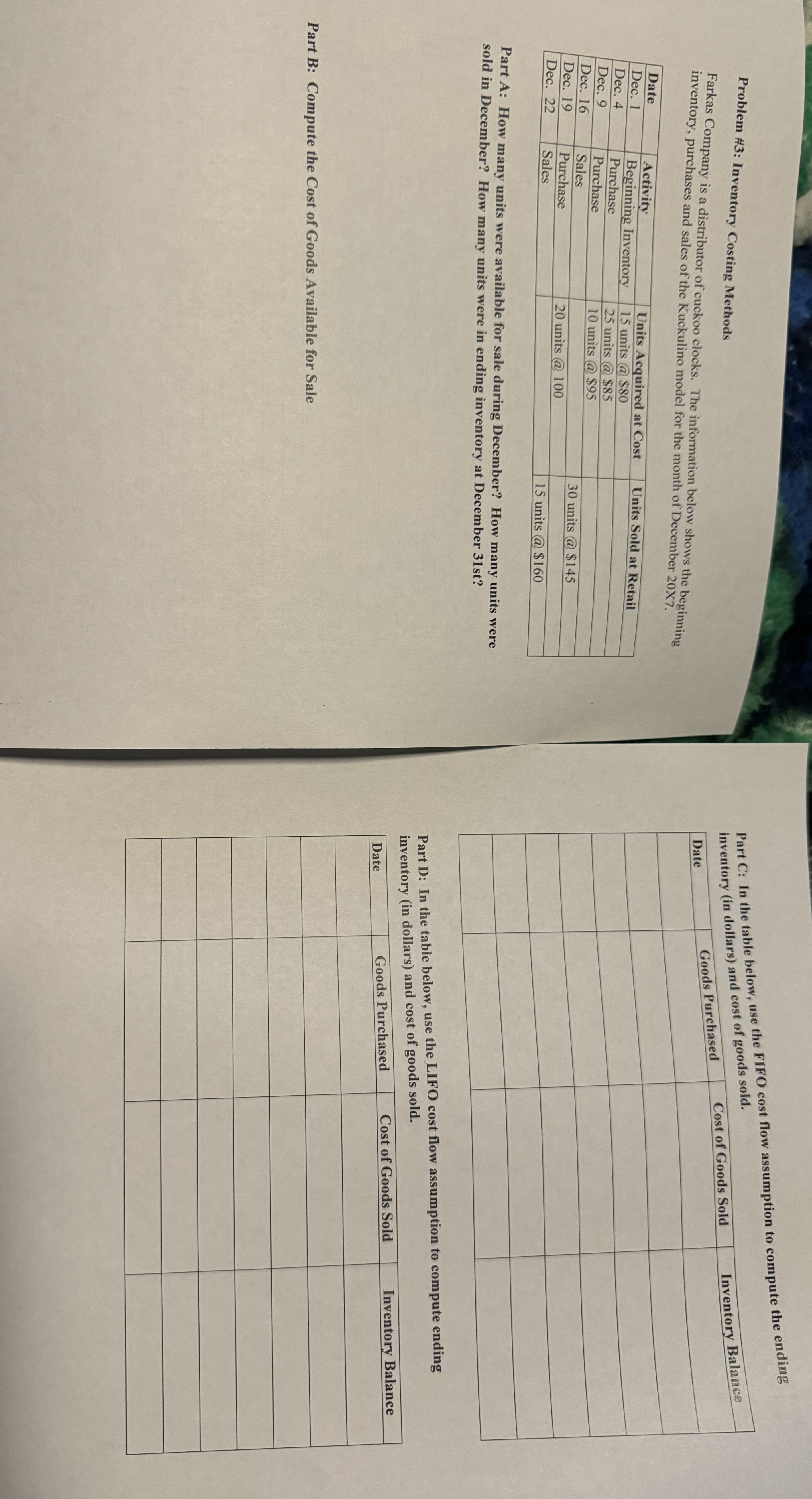 Problem # 3 : Inventory Costing Methods Farkas