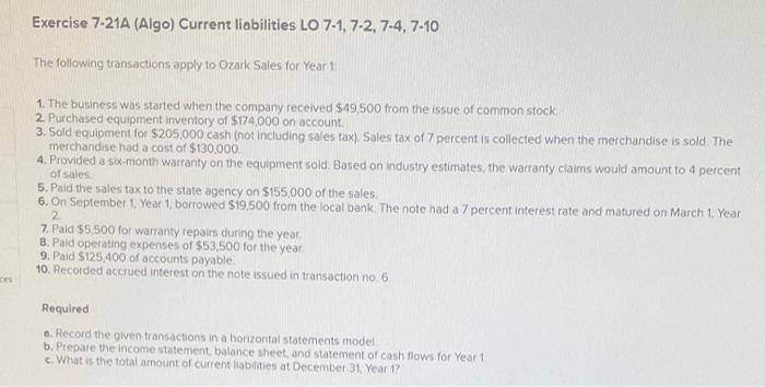 Exercise 7 - 2 1 A ( Algo ) Current liabilities