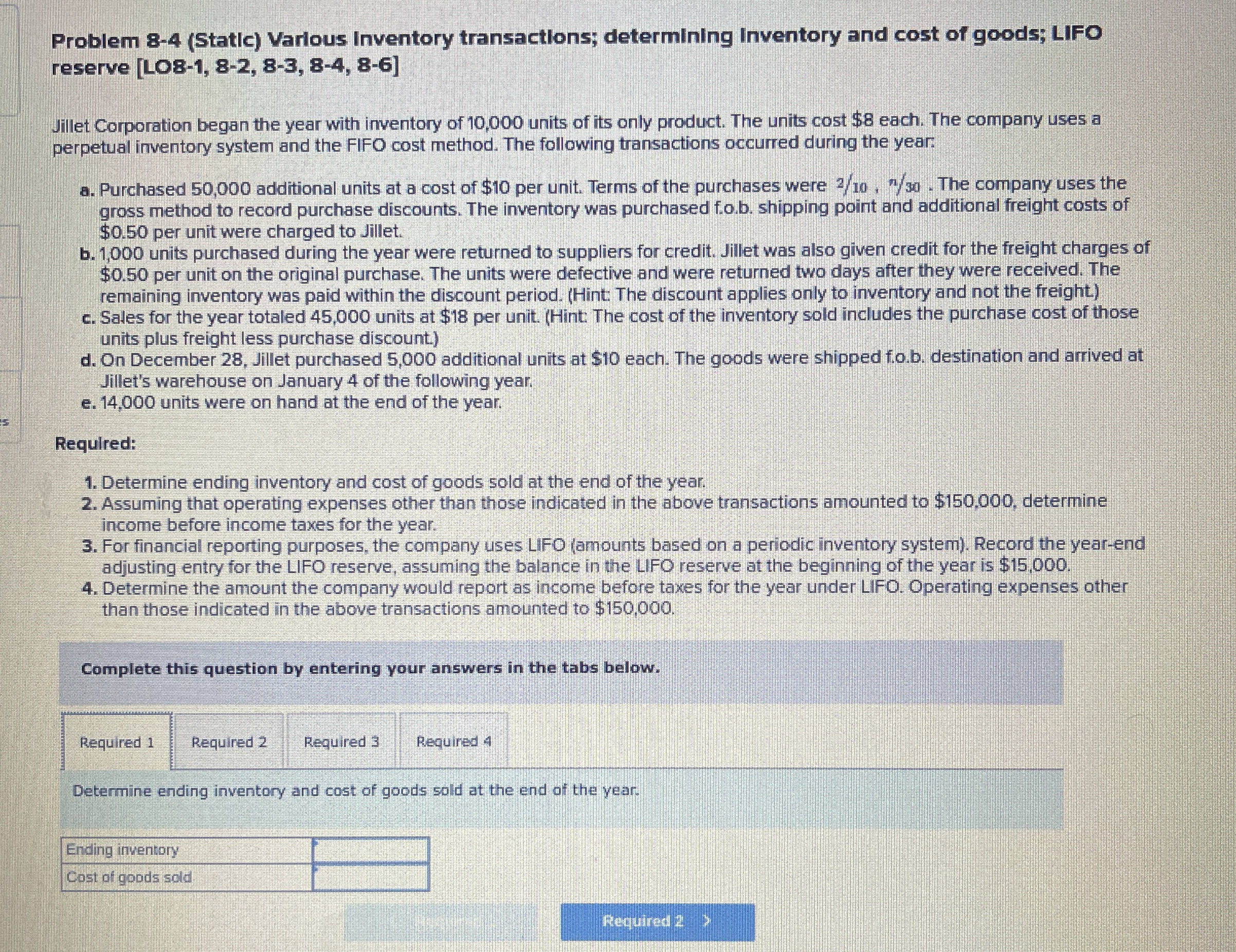 Problem 8 - 4 ( Static ) Various Inventory