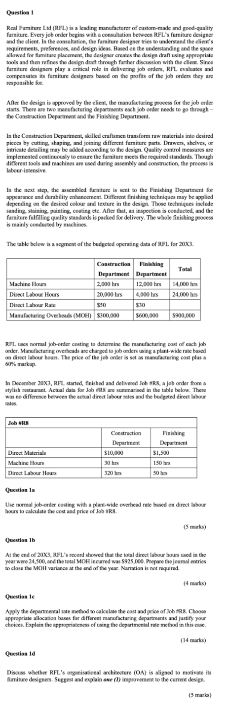 Question 1 Real Furniture Ltd ( RFL ) is a