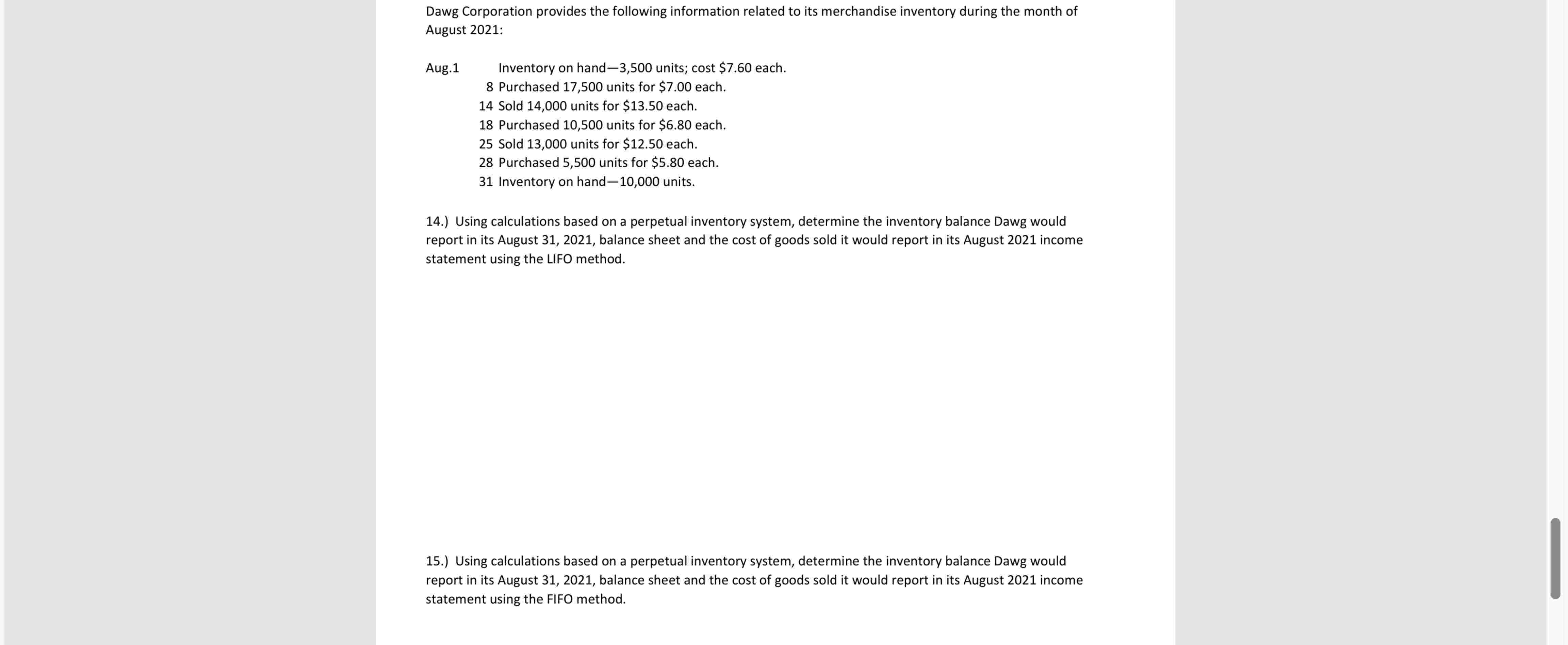 Dawg Corporation provides the following