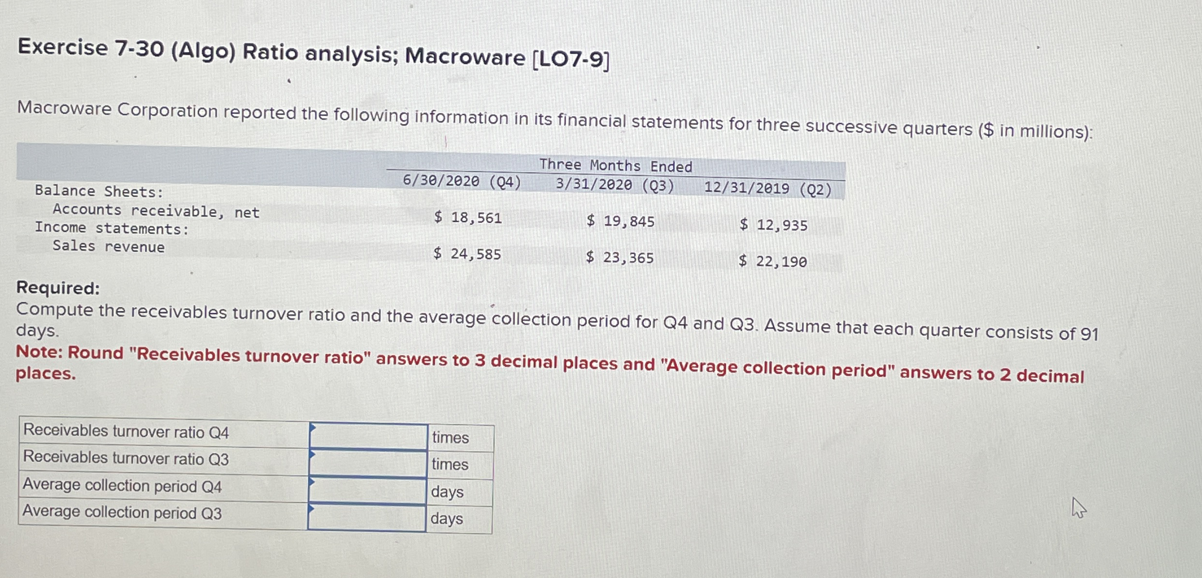 Exercise 7 - 3 0 ( Algo ) Ratio analysis;