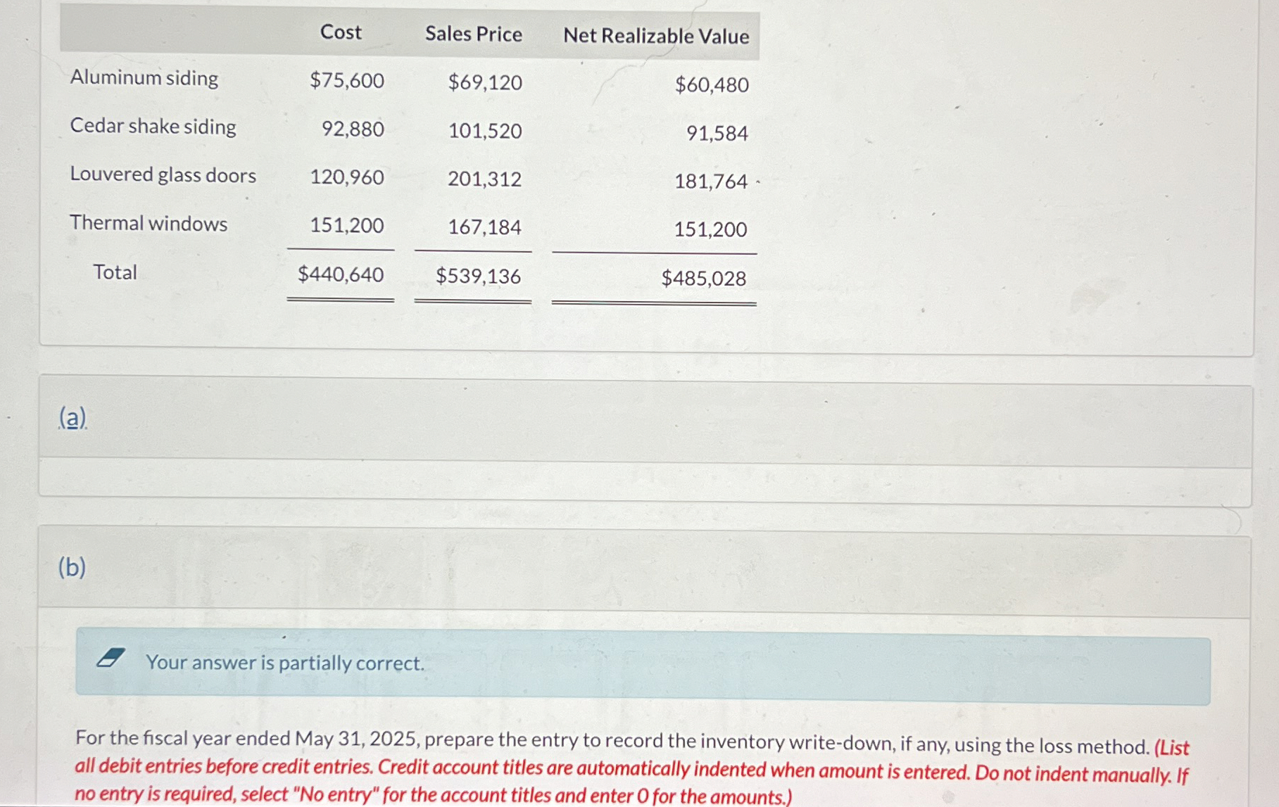 \ table [ [ , Cost,Sales Price,Net Realizable