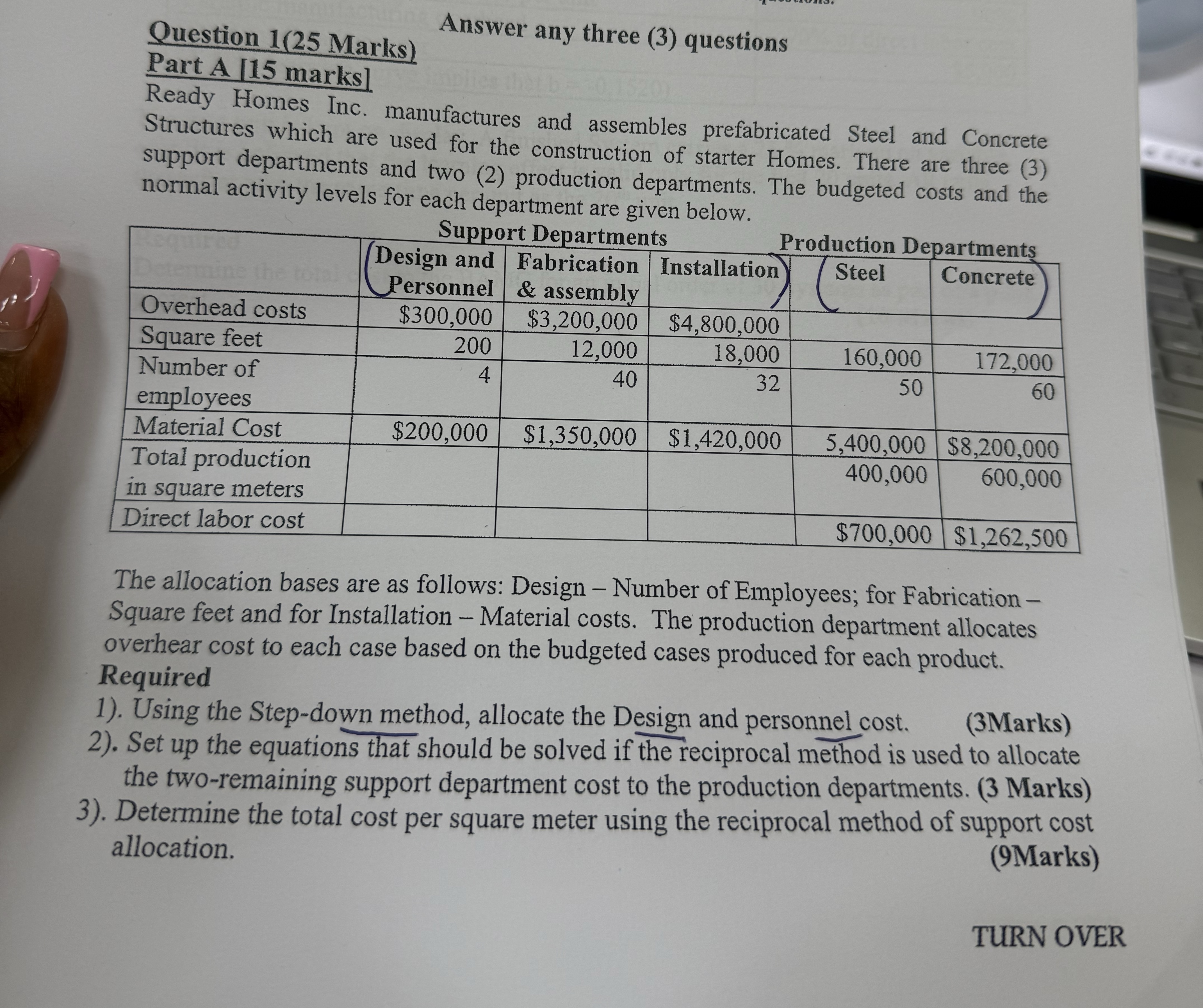 Answer any three ( 3 ) questions Part A [ 1 5