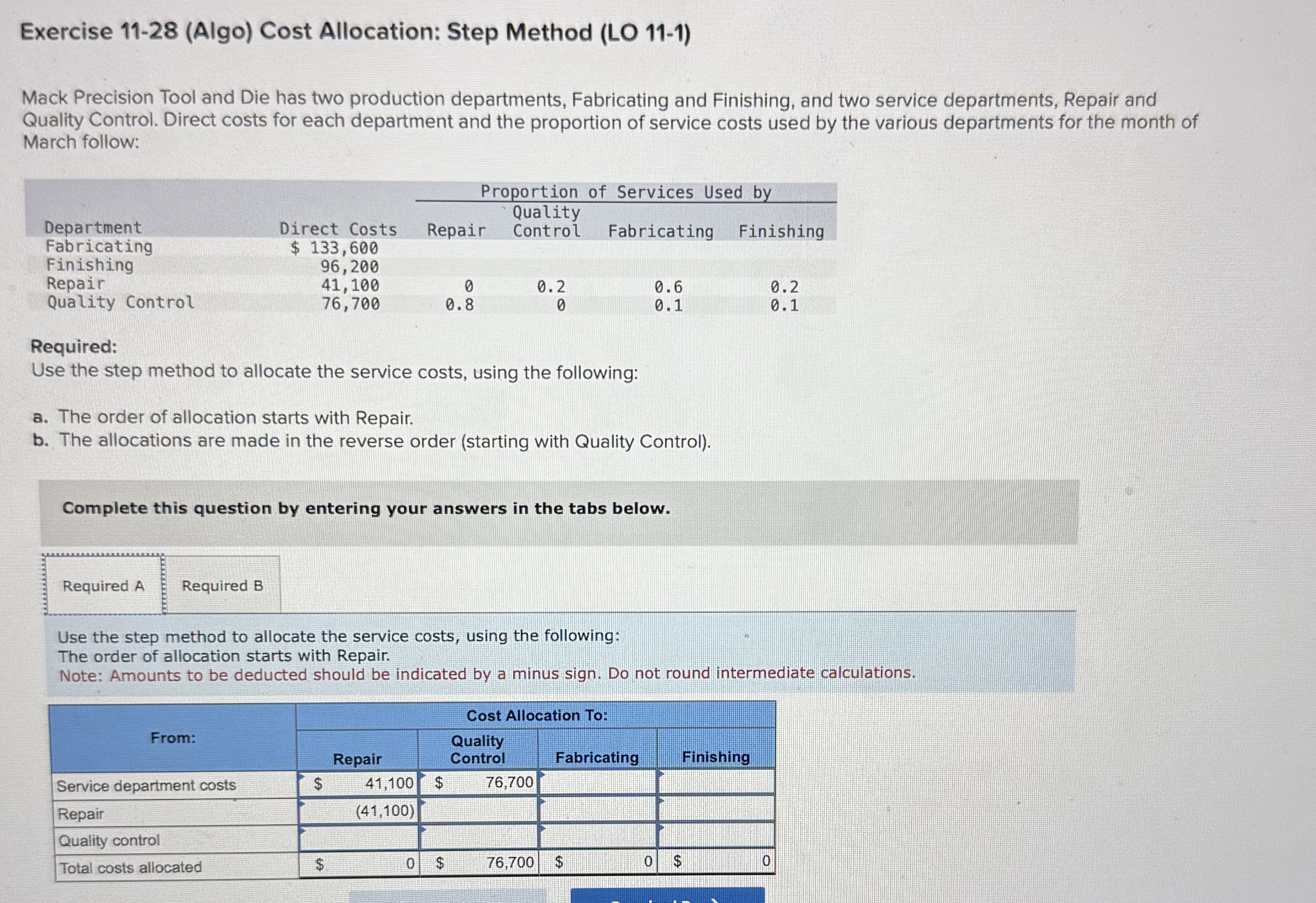 Exercise 1 1 - 2 8 ( Algo ) Cost Allocation: Step