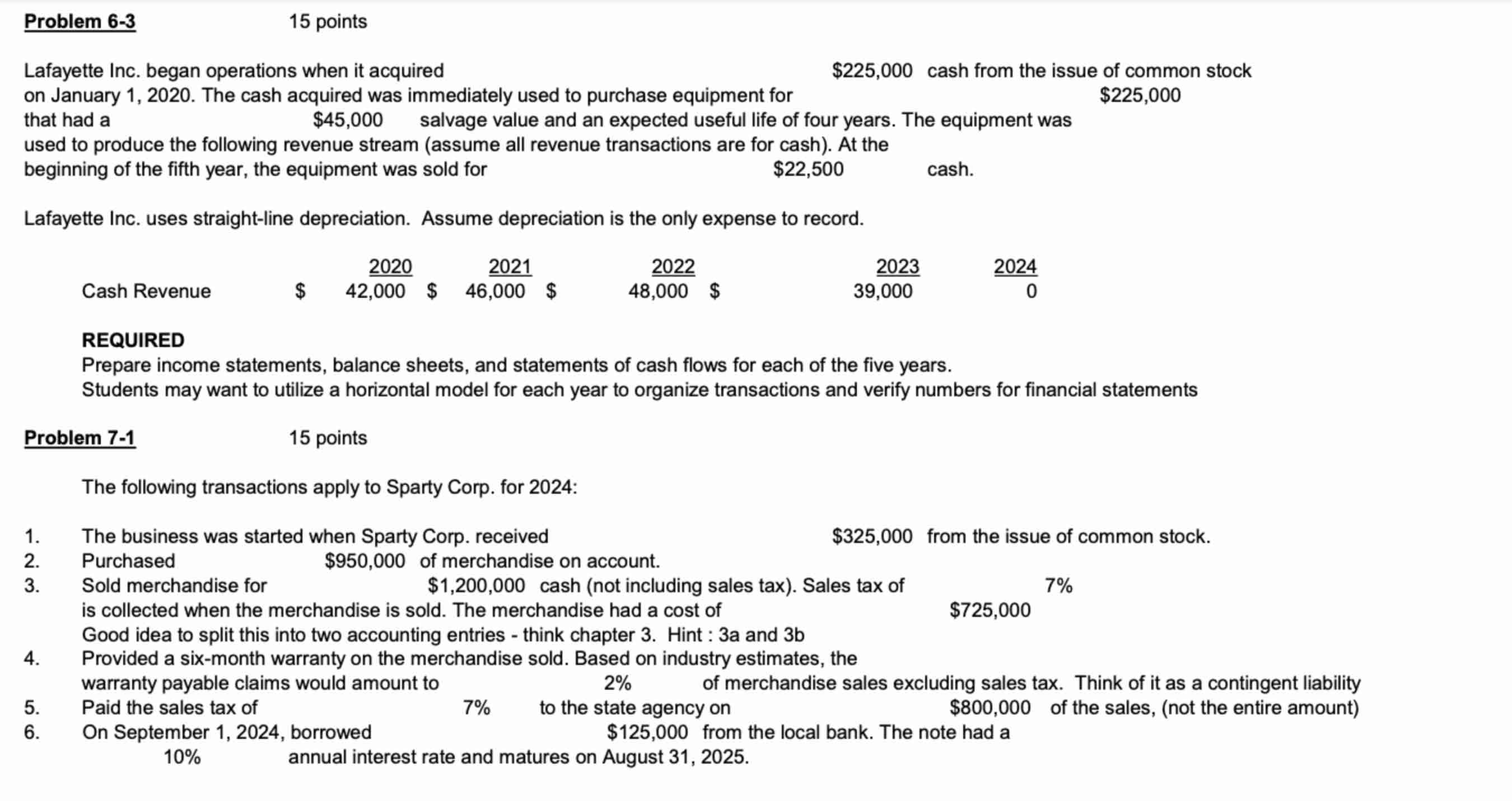 Problem 6 - 3 1 5 points Lafayette Inc. began