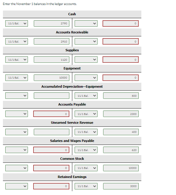 Enter the November 1 balances in the ledger