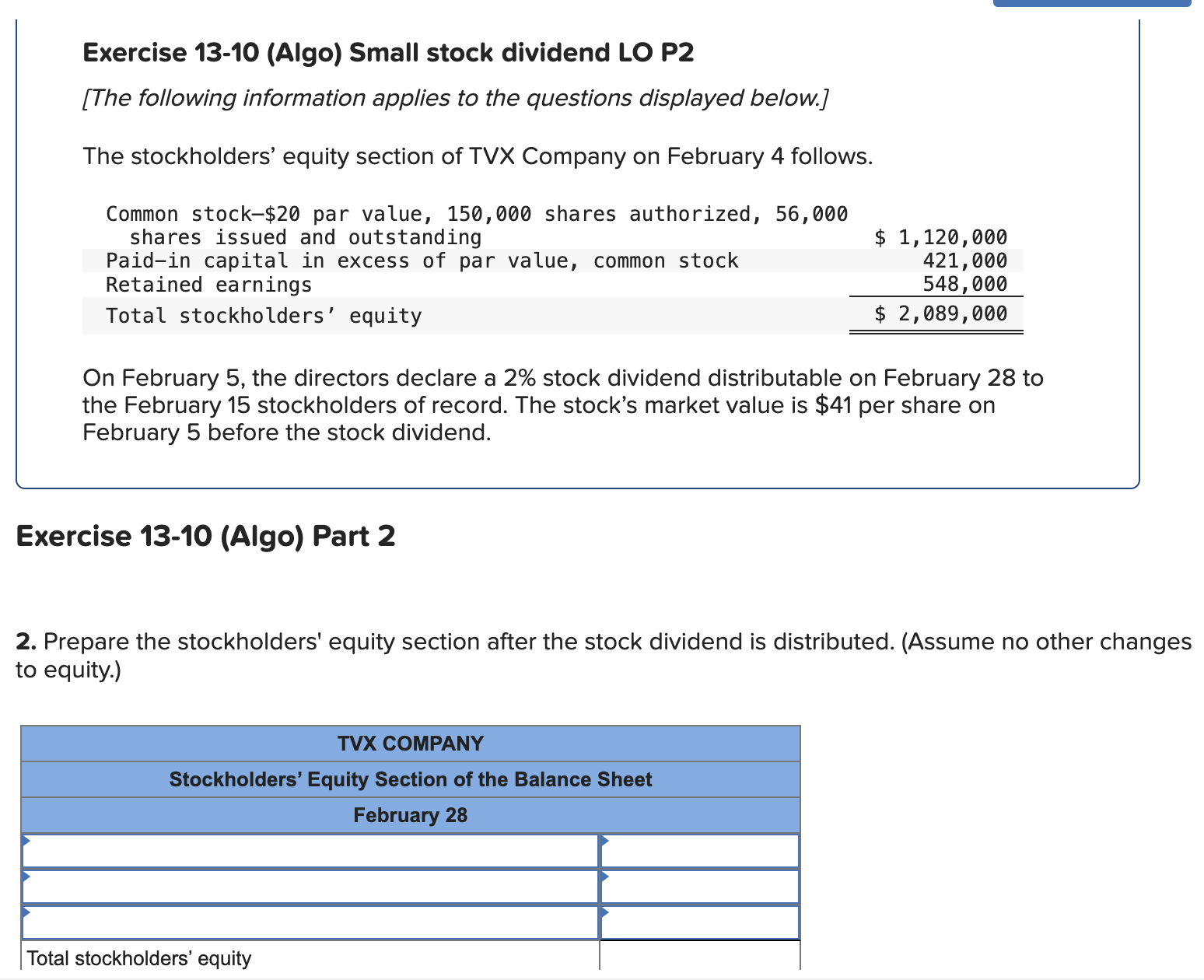 Exercise 1 3 - 1 0 ( Algo ) Small stock dividend