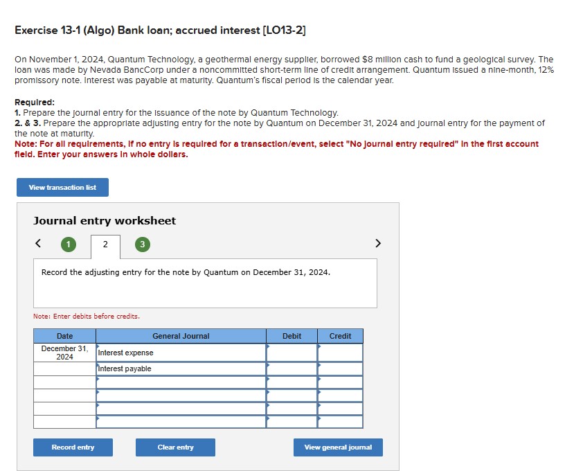 Exercise 1 3 - 1 ( Algo ) Bank loan; accrued