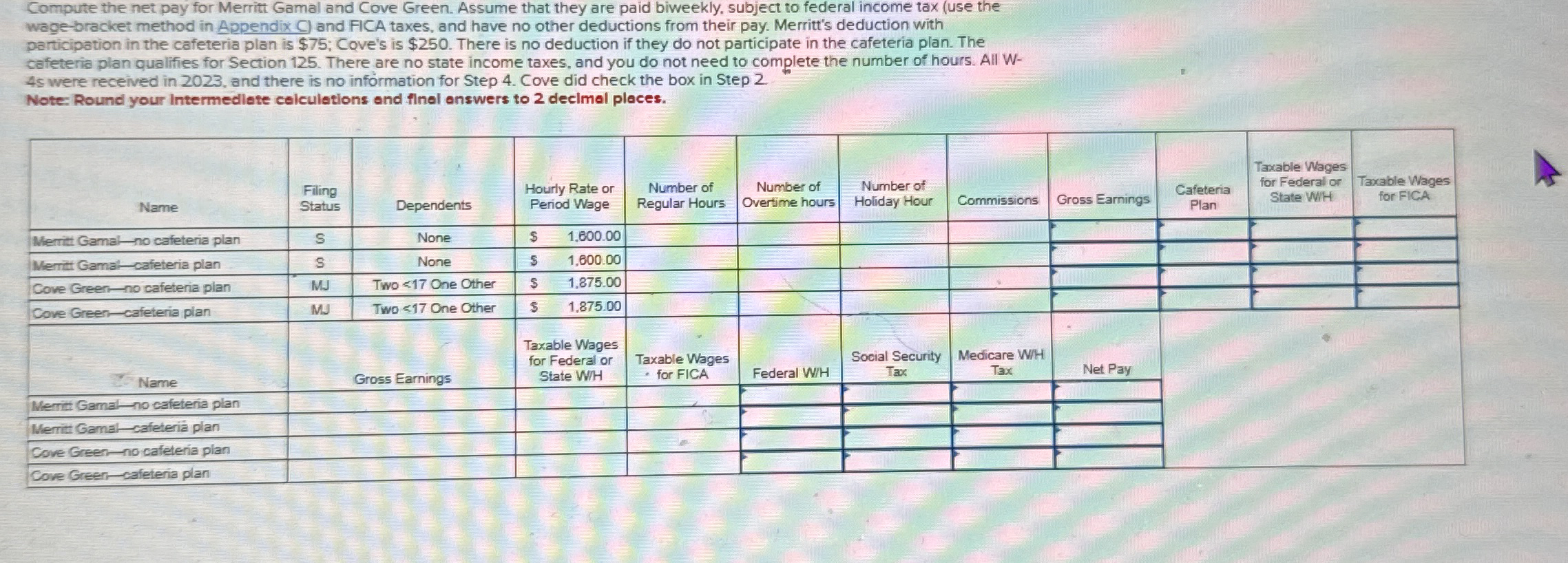 Compute the net pay for Merritt Gamal and Cove