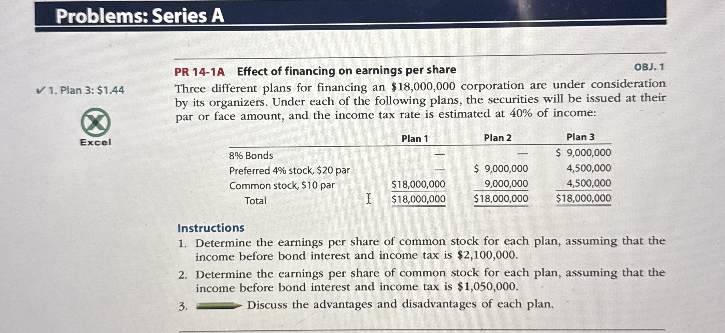 Problems: Series A Plan 3 : $ 1 . 4 4 Excel PR 1