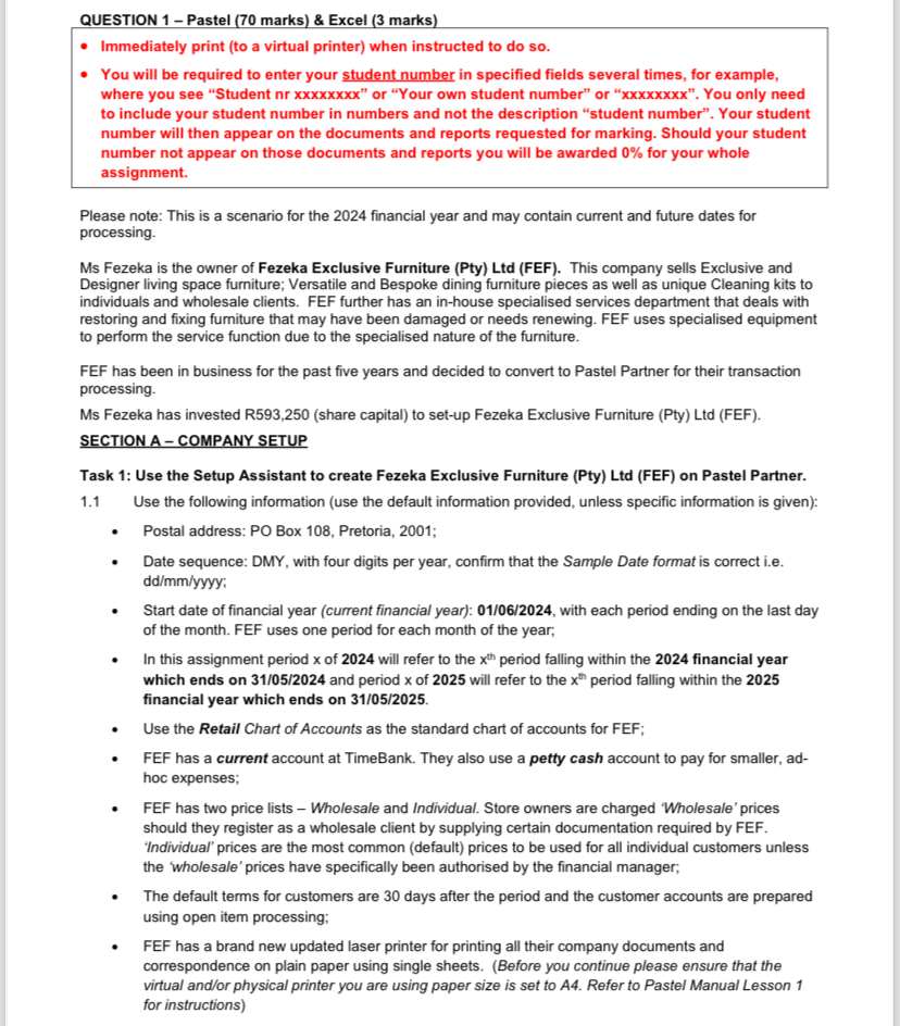 QUESTION 1 - Pastel ( 7 0 marks ) & Excel ( 3