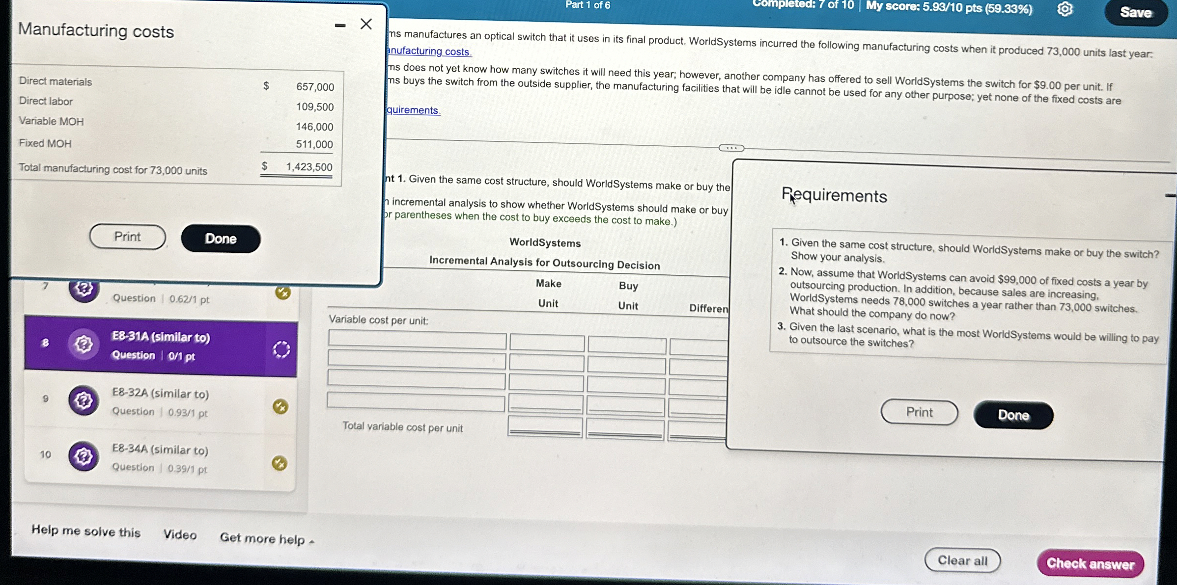 Part 1 of 6 Completed: 7 of 1 0 | My score: 5 . 9